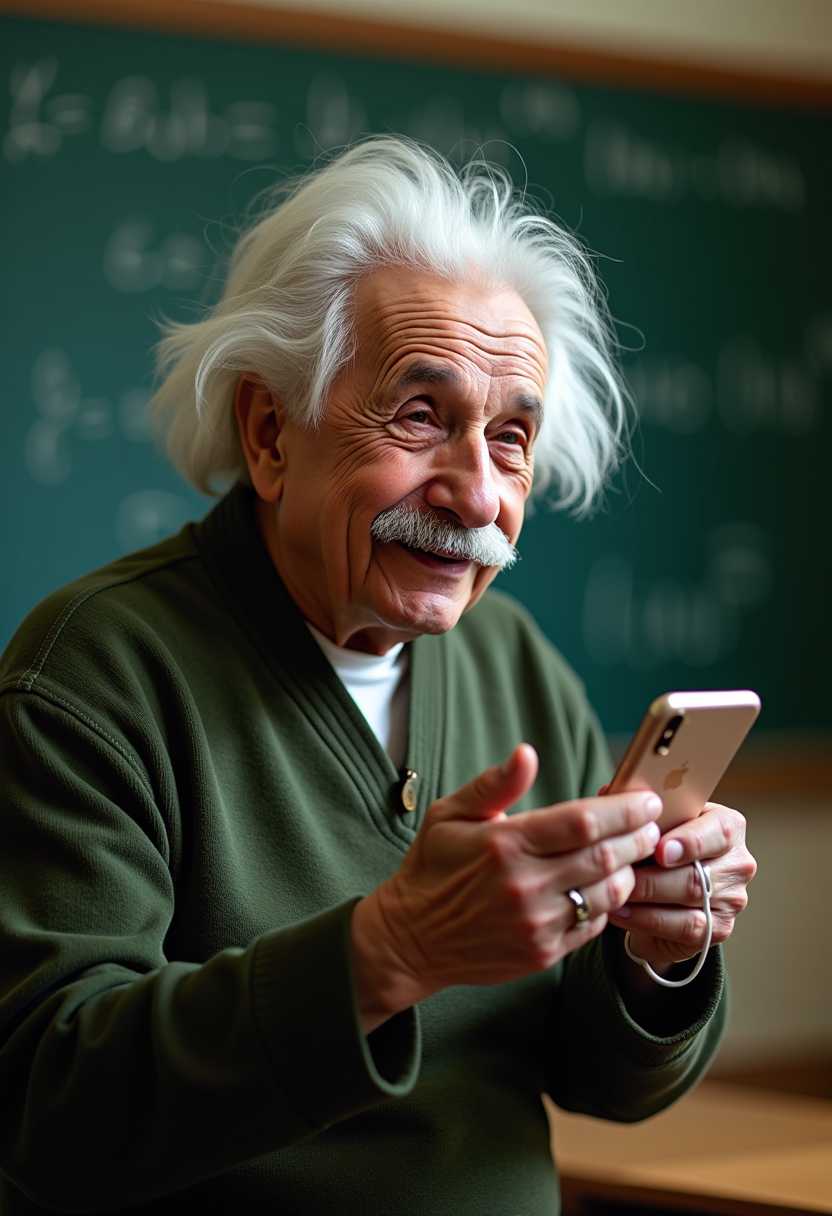 Photograph, Albert Einstein, holding an iPhone, iPhone logo visible, looking at it, in a classroom, math classroom, smiling, candid pose, detailed