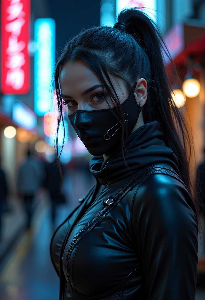 cyborg,ninja,outdoors,cyberpunk,night,science fiction,android,neon lights,face,hair,katana,realistic photograph,