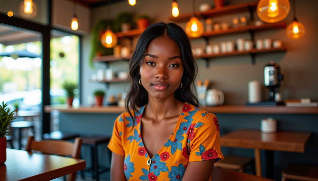 Seated elegance A portrait of a poised individual in a cozy caf ambiance