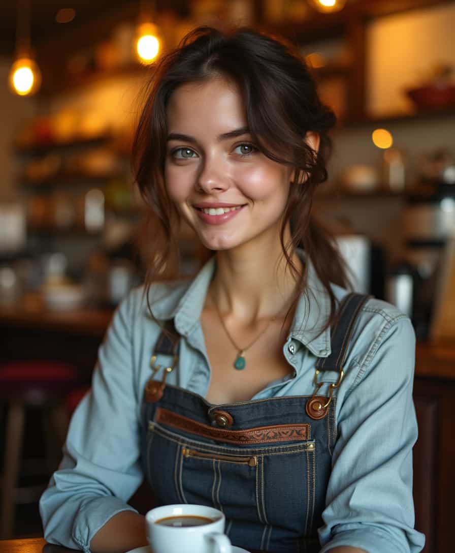 a photo of TOK, a photo of TO, a portrait photo of TOKONIA woman in a cafe