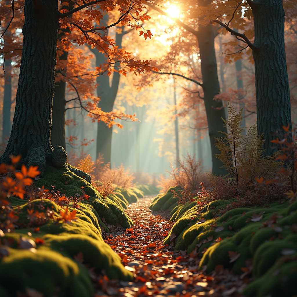 Create a hyper-detailed, photorealistic image of a serene woodland scene at sunrise. The image captures the first golden rays of sunlight streaming through the dense canopy of towering oak and maple trees, illuminating the vibrant hues of autumn leaves in shades of amber, crimson, and gold. The forest floor is blanketed with a layer of freshly fallen leaves and dotted with patches of emerald green moss.

In the foreground, focus on a narrow, winding path that leads into the depths of the forest. Soft, dappled light creates a mosaic of shadows and highlights along the path, enhancing the texture of the leaves and the rough bark of the trees. A gentle mist lingers in the cool morning air, adding an ethereal quality to the scene.

The composition is framed from a low angle, emphasizing the height of the trees and the depth of the forest. The overall mood is tranquil and contemplative, evoking a sense of peaceful solitude. Utilize techniques such as depth of field to blur the background slightly, drawing attention to the foreground details. The atmosphere is cool and crisp, capturing the essence of a quintessential autumn morning.