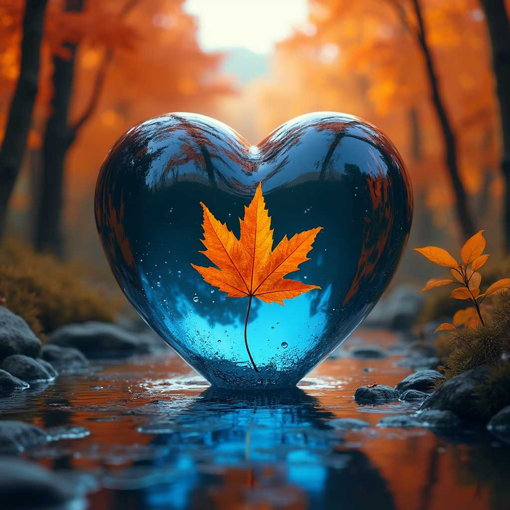 realistic photo of a beautiful autumn orange & red trees with a serene blue stream running through it, in the center is a large dark blue transparent glass heart with a single orange/yellow maple leaf in it, reflecting the blue stream, & the trees, but highlighting the leaf, it's reflected in the placid blue stream below, hyper-realistic, hd, 16k