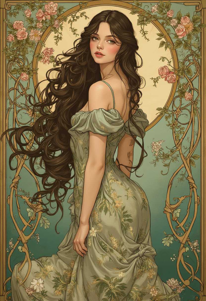 A portrait of a young woman, inspired by the Art Nouveau style of Alphonse Mucha. The woman is the central focus of the composition, her graceful pose exuding an ethereal elegance. She has long, flowing hair cascading down in intricate, swirling patterns that echo the sinuous lines typical of Mucha's work. Her gentle expression is serene and contemplative, with delicate features illuminated by soft, diffused lighting. She is adorned in a flowing, ornately patterned dress with floral motifs in rich, earth-toned colors including deep greens and muted browns, adding a touch of naturalism. The background is a detailed tapestry of decorative elements with botanical influences, incorporating intertwining vines and blossoms, rendered in a harmonious palette of pastels and golds. The overall ambiance is dreamy and serene, reminiscent of late 19th-century poster art. The image captures the essence of Mucha's iconic style, with balanced composition and elegant ornamentation, immersing the viewer in a timeless scene that celebrates beauty and nature.