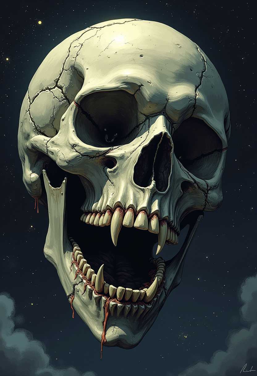 Title: "The Cruel Moon"

Prompt: "In a dark, ominous night sky, the moon has transformed into a terrifying skeletal face. Its surface is textured with decaying, rotting flesh, a ghastly contrast against the surrounding cosmos. The empty eye sockets are vast and hollow, exuding a deep, unsettling emptiness. Sharpened teeth, jagged and menacing, jut out from the twisted grin, casting sinister shadows that dance across the celestial plain. The moon's once serene glow is now a sickly pale, casting an eerie light over the quiet world below. This surreal scene is captured in the style of a dark Gothic fantasy illustration, with dramatic chiaroscuro lighting enhancing the macabre atmosphere. The composition centers the skeletal moon in the upper third of the frame, a looming presence dominating the star-speckled background. The mood is one of foreboding and unease, as if this celestial omen heralds an impending doom."