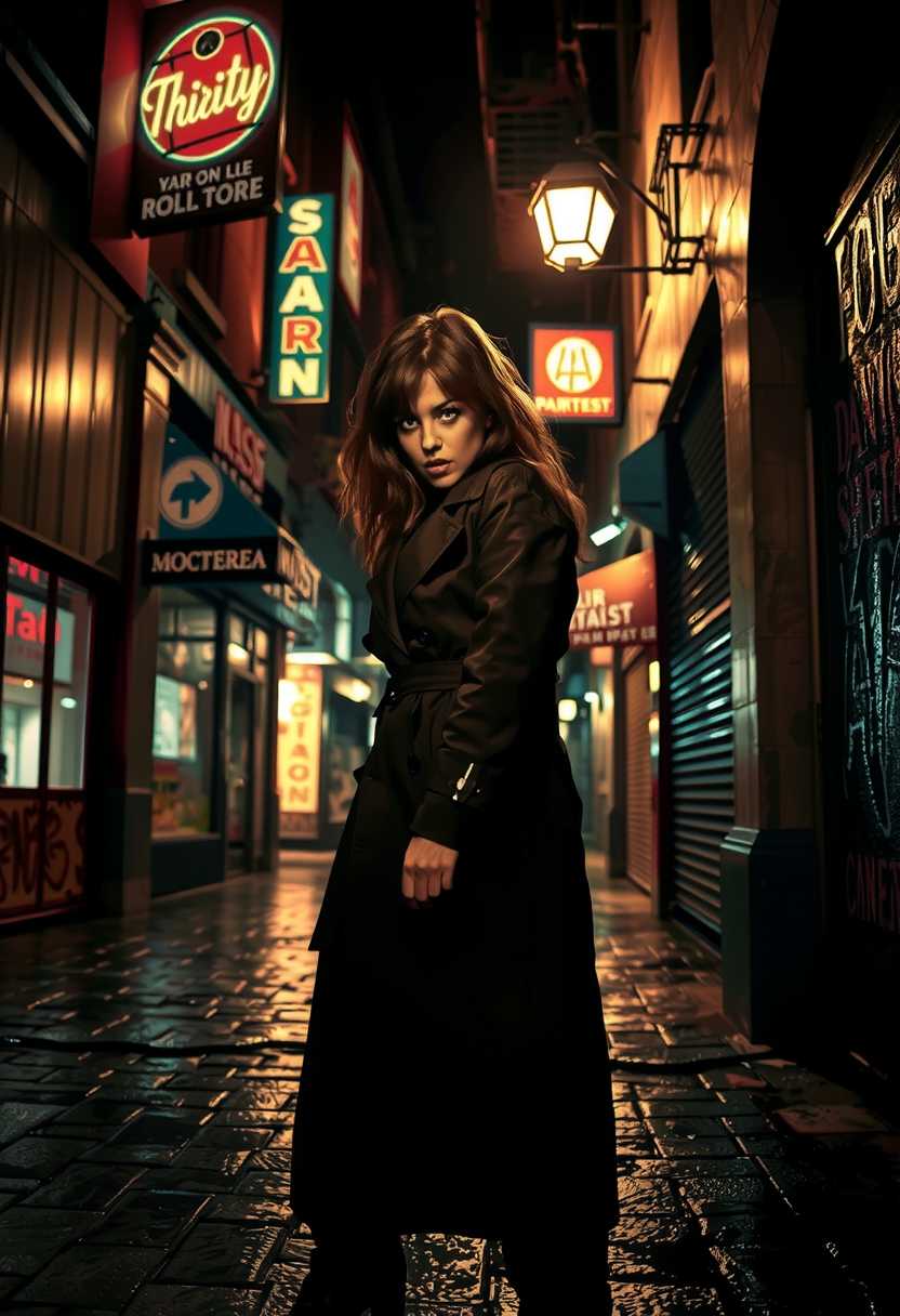 Title: "Women in Peril - An Intense Cinematic Moment"

Image Description: Capture a dramatic scene featuring a woman in peril. The setting is a dimly lit, narrow alleyway in a bustling city, with the ambient glow of flickering neon signs casting eerie reflections on the wet cobblestone pavement. The woman, with an expression of determined defiance, stands near the alley's center, backlit by a single streetlight that casts elongated shadows. She wears a sleek, dark trench coat, with her hair tousled by an unseen breeze, adding a sense of movement and urgency to the moment. 

Visual Details: Emphasize her expression with detailed attention to the subtle nuances of fear and resolve. The alley's textures, from the glistening wet stones to the intricate graffiti on the surrounding walls, create a rich, immersive background. 

Artistic Style: Photorealistic with a noir aesthetic, reminiscent of classic film photography, emphasizing high contrast and deep shadows to heighten the sense of danger and suspense.

Composition: The woman is positioned slightly off-center to draw the viewer's eye into the depth of the alley, inviting exploration of the background details. The perspective is slightly tilted, adding to the sense of unease, with the camera angle