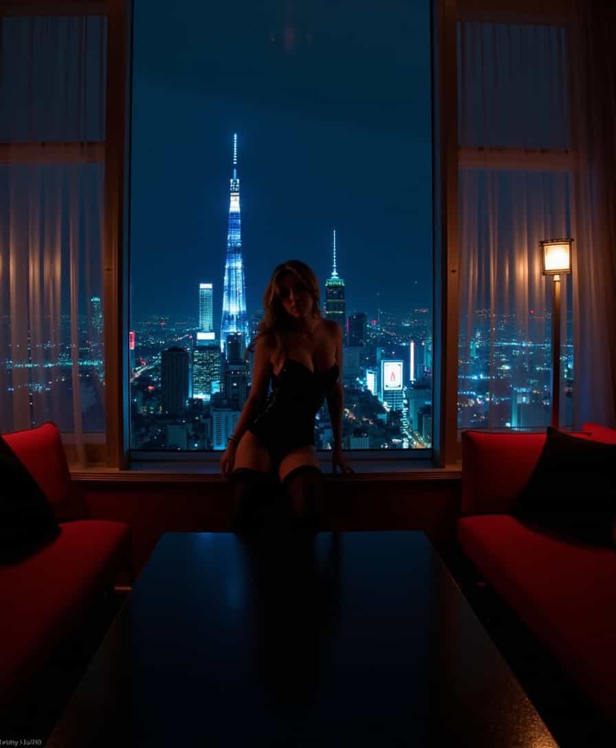 in the cinematographic style of LSTINTROK, A photograph  with focus on dramatic lighting and shadow that gives the image a cinematic feel. The colors are rich and varied, with a predominance of deep blues and blacks that convey a nocturnal or urban atmosphere. The use of warm tones on the figure and cityscape adds contrast and highlights the central subject.The objects in the image are as follows1. The central figure is a woman in a provocative pose, wearing a black corset and thighhigh stockings. she is positioned in front of a window that frames a view of a densely lit cityscape.  she is leaning against the large window. Her palms hands with spread fingers are pressing against the glass while she is bending over. The womans pose and attire suggest themes of power, allure, and perhaps a hint of danger.2. The window itself is a large, floortoceiling glass pane that reflects the interior of the room, including a glimpse of a red sofa and a modern, sleek design aesthetic.3. The cityscape outside the window is bustling and illuminated, with skyscrapers and busy streets that suggest a modern, possibly postmodern, urban environment. The lights and reflections on the window add depth and dynamism to the scene. Overall, the image conveys a mood of urban sophistication, mystery, and allure, with a focus on the themes of power and decadence suggested by the title and the central figures pose. The use of lighting and shadow, along with the choice of colors and objects, creates a visually compelling and intriguing promotional piece.