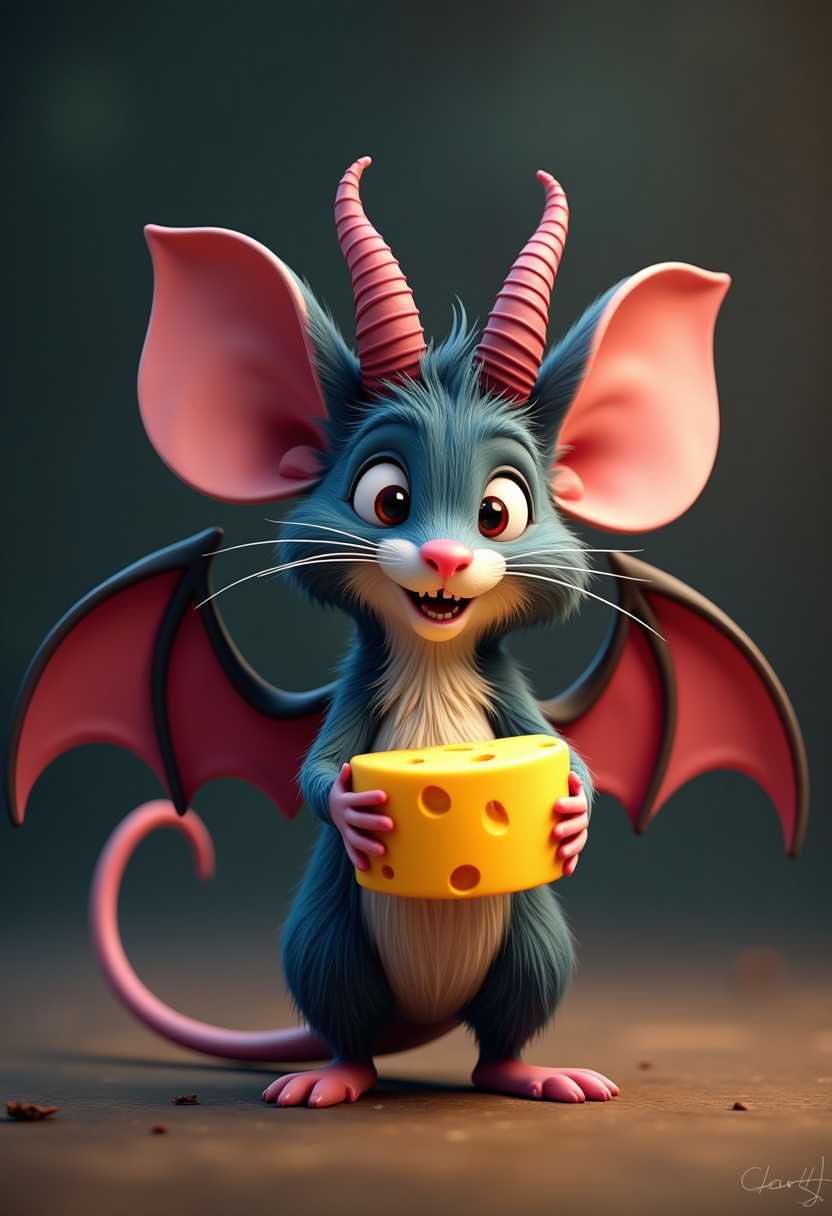 3d cartoon mouse baphomet with horns, bat wings holding a piece of cheese


