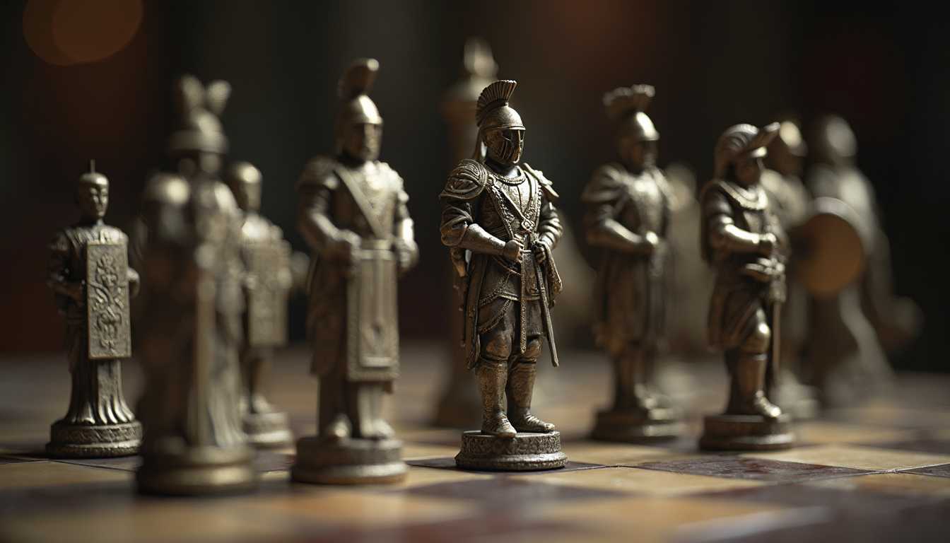 Intrinsic detailed cinematic photo of real chessboard, the chess figures are real soldiers dressed in ancient soldier uniforms, close up, selective focus, bokeh