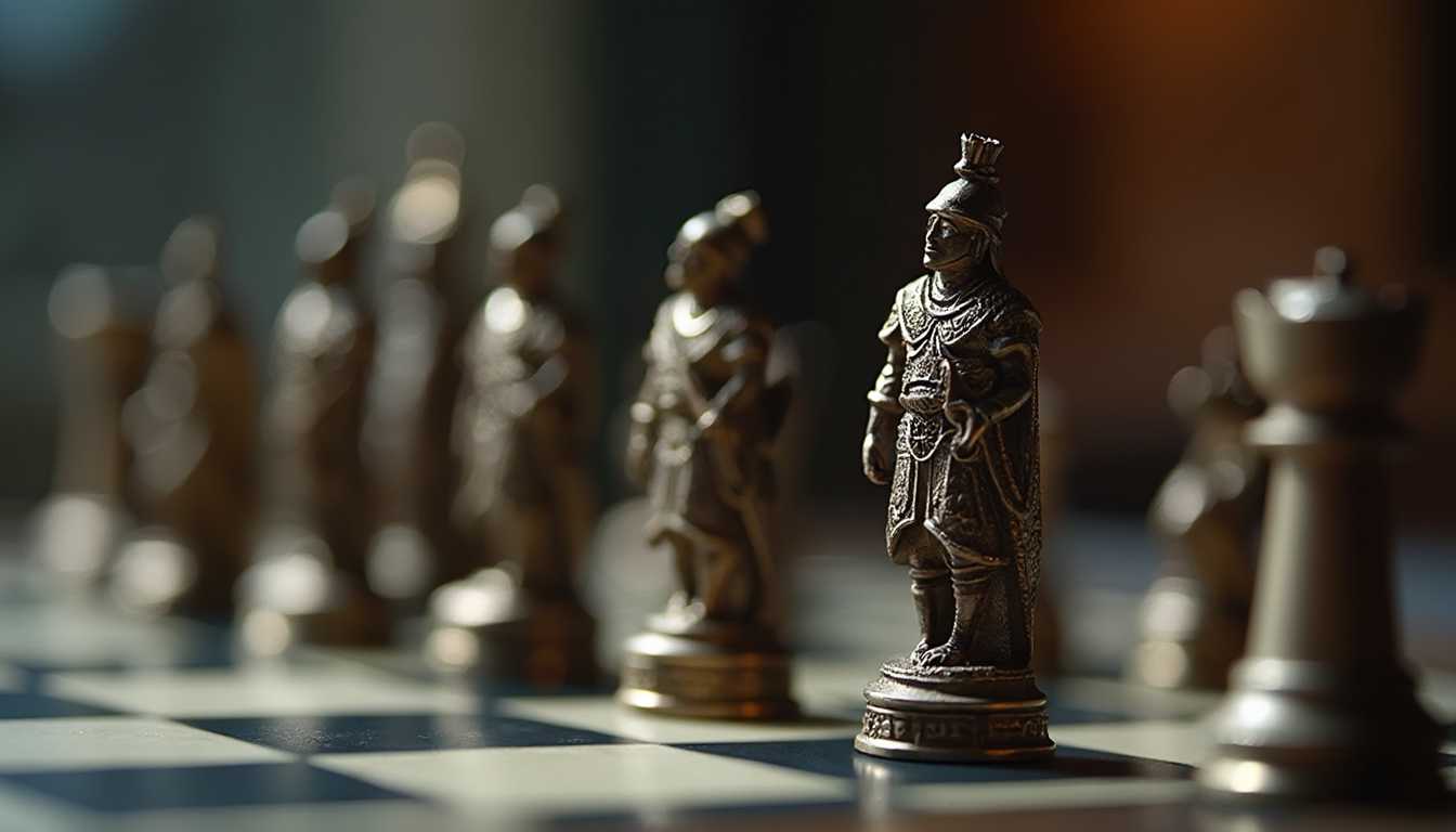 Intrinsic detailed cinematic photo of real chessboard, the chess figures are real soldiers dressed in ancient soldier uniforms, close up, selective focus, bokeh