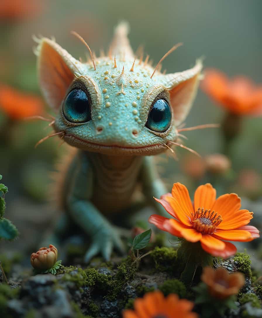 A photo of a (cute space creature:1.3) amidst (alien flora:1.2), terraforming process, (Miki Asai Macro photography style:1.2), close-up capture, hyper detailed, trending on ArtStation, sharp focus, studio ambiance, intricate facial details, (detailed skin texture:1.1), by Greg Rutkowski inspiration, HD resolution, vivid colors, contrasting textures, professional grade,