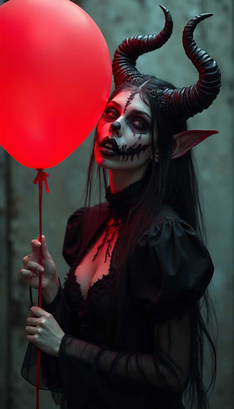 Enigmatic figure in dark attire with dramatic horns and red balloon, evoking a sense of otherworldly mystery