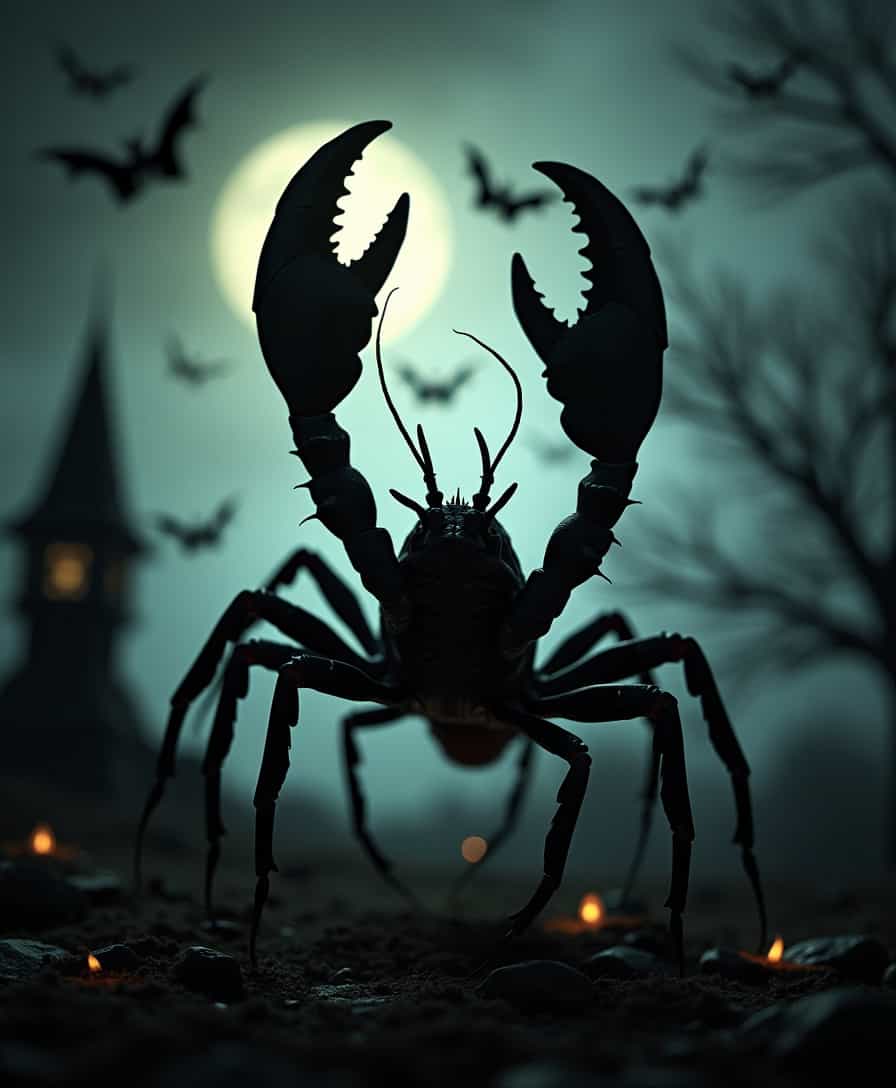 horror scene,  crustacean , bewitched , bats in flight ,   SK_CINEMATIC,  zPDXLrl,  SK_ANALOGFILM   black, vntblk, silhouette, backround,  zavy-slhtt, black silhouette
