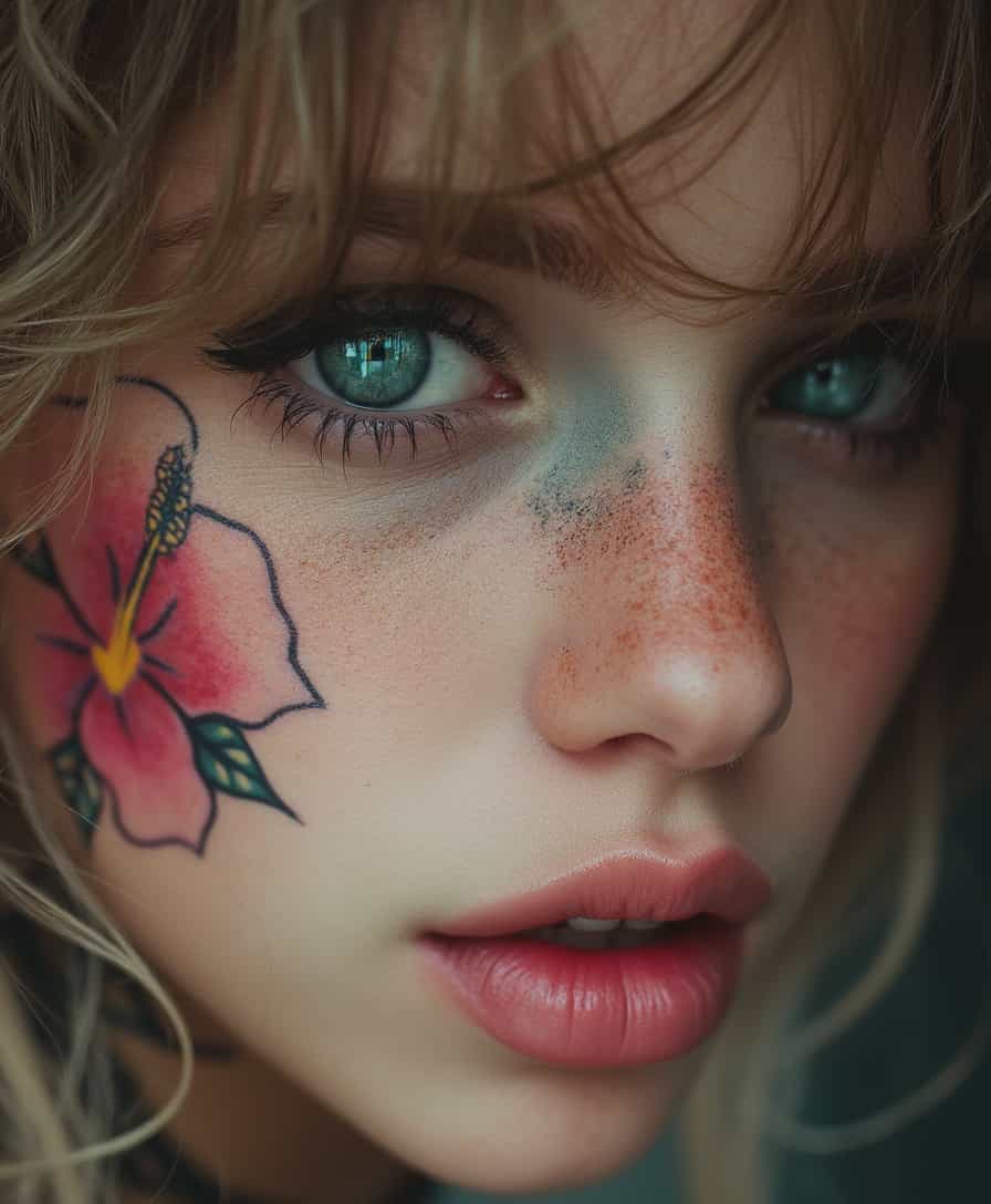 , extreme close-up candid photo of a beautiful, stunning unique female character. She has large turquoise eyes filled with joy and excitement, extravagant eyelashes, making this image a masterpiece of photography and digital art. Style: realistic detailed rendering, 4k HDR, expressive eyes, punk, pink hibiscus tattoo, girl's face, side view, pretty and cute, gleaming lips, white skin, telling a tale of adventure. Exuding confidence and serenity. Vibrant tattoos adorn her sun-kissed skin