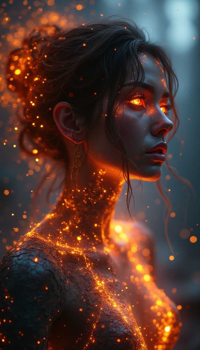 burning heroine, fantasy concept art, night scenery, fractal cracked surface, bokeh, mixed styles by Alberto Seveso and Gediminas Pranckevicius and Wadim Kashin, breathtaking intricate details, dramatic natural lighting, reflective catchlights, cinematic, brilliant, sharp focus, fantastical and mysterious, maximalist masterwork