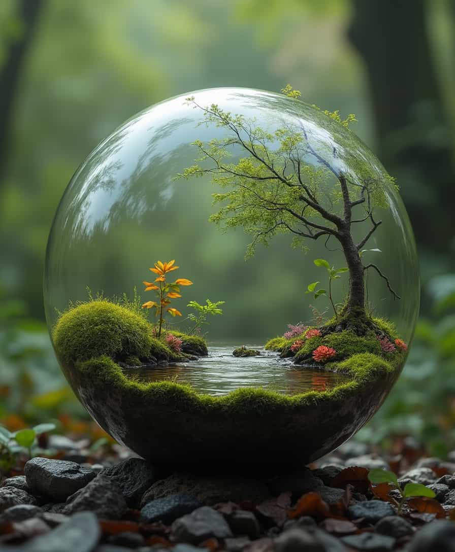 ultradetailed ultrarealistic, trapped nature, river in a glass sphere, leaves, moss, bark, blossoms, a perfect photography by Mark Mann and Ashraful Arefin ,muted wet colors, intricate artwork masterpiece
