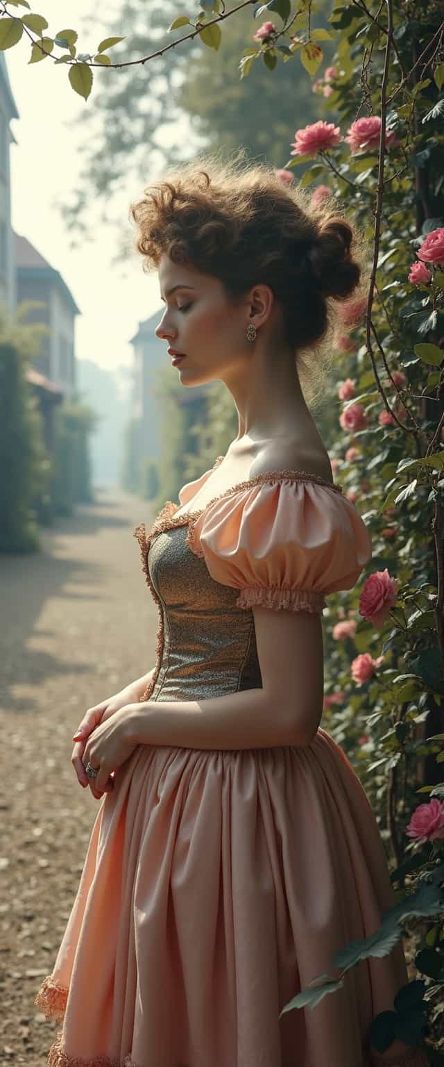 Rococo lady in village scenery in double exposure art, elegant