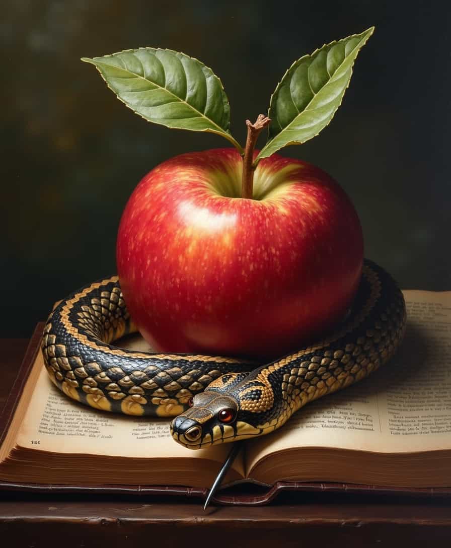 Apple and snake, bible scenery in photorealistic painting, perfect, alluring, the sin