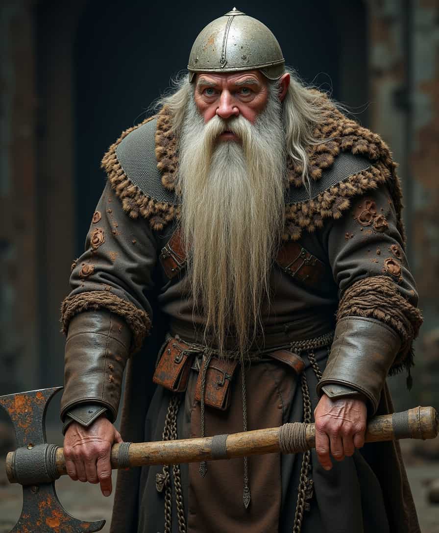 , a real life movie still of A stooped, elderly dwarf with a long, white beard that is singed at the tips and tangled with dirt and grease. His stocky frame is draped in an ancient, threadbare tunic with holes revealing chainmail underneath, itself rusted and missing links. His thick, calloused hands are missing two fingers, and his boots are cracked and barely stitched together. His helmet is dented beyond recognition, and a thick scar runs across his forehead. His battle axe is a rusted, jagged mess, the handle wrapped in fraying leather.