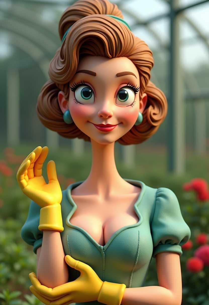 The image depicts a 3d clay cartoon character, 1950s upper class lady, exaggerated features, hair in a large bun, low cut neckline dress, wearing bright yellow gardening gloves, greenhouse background