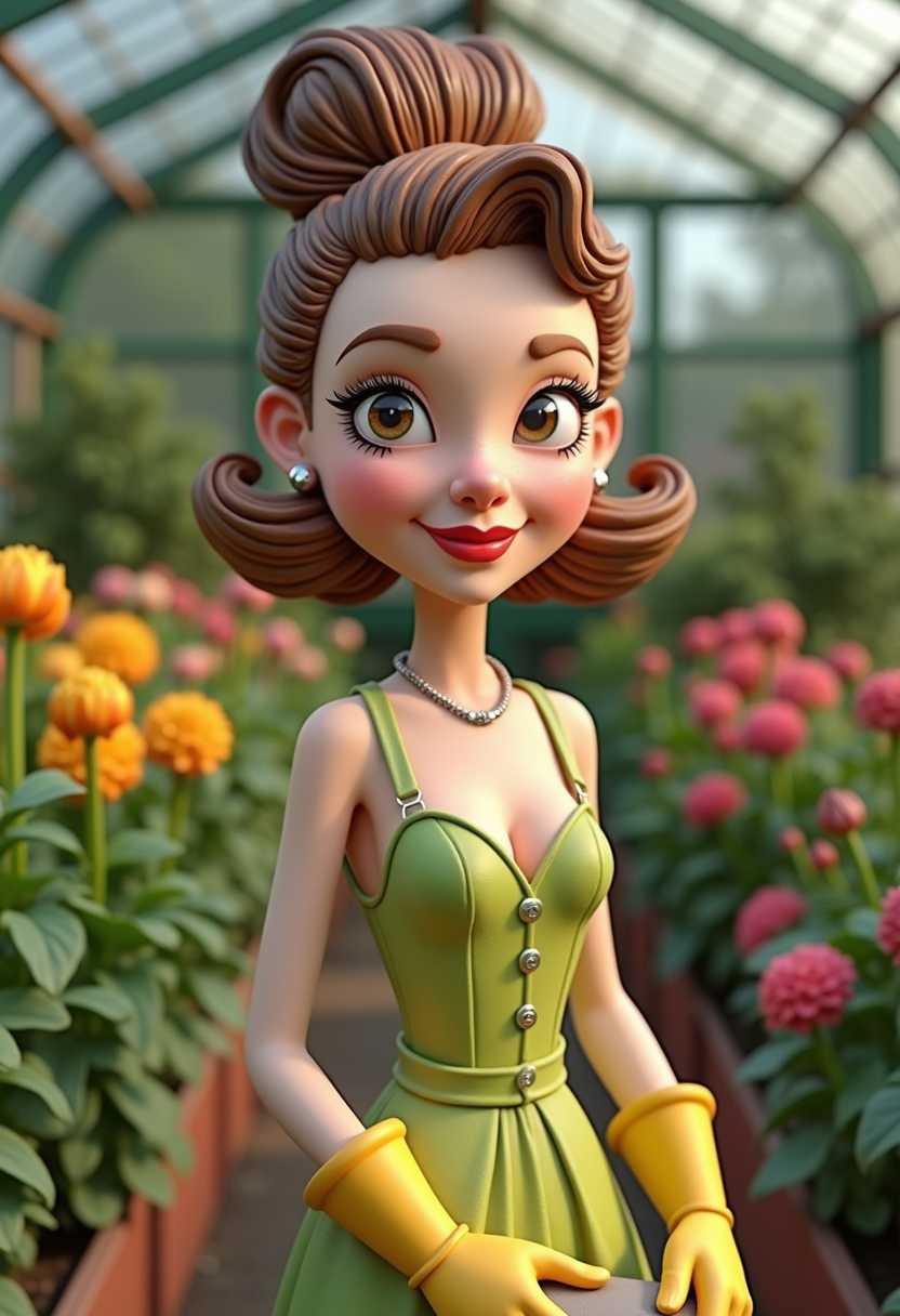 The image depicts a 3d clay cartoon character, 1950s upper class lady, exaggerated features, hair in a large bun, low cut neckline dress, wearing bright yellow gardening gloves, greenhouse background