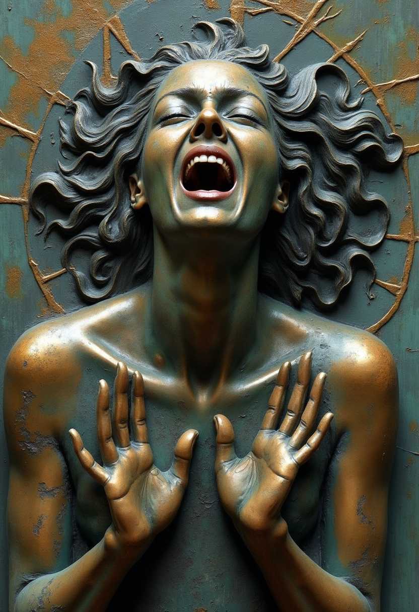 a bronze bas-relief sculpture of a woman, hands in defense pose, mouth open in a scream, eyes closed.  Bronze is weathered and patina, with bright spots where the bronze is worn from use