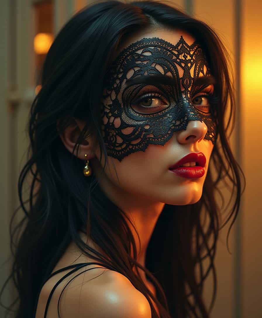 Cinematic style, realism, cinematic quality, Pastel, drawing with dry chalk, crayons, , Cinematic style, realism, cinematic quality, Pastel, 
A vibrant, futuristic form with smooth curves and a golden sheen that created an otherworldly atmosphere. The night was thick with rain, its rhythmic drumbeats in the tall windows of the old manor mingling with the low hum of jazz drifting through the room. She moved through the crowd like smoke, dark and elusive, in a shimmering dress that seemed to catch the light in all the right places. Her (((mask of delicate black lace: 1.4))), clinging to her skin, revealed just enough to spark the imagination, but hid the most important parts: her eyes. Only her lips were open, painted a shade of red that seemed both dangerous and inviting, like a whispered secret. One that could kill a man. Simple yet captivating, the design caught the light reflections on its surface, adding depth and dimension. This digital work of art embodies modernity while simultaneously awakening curiosity about what lies beyond our consciousness.