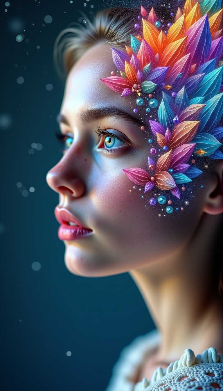 Cinematic style, realism, cinematic quality, Pastel, a young women half portrait,She is looking in disbelieve as her face is disintegrating into fractals which are dominant on one half of her face so that no skin is visible anymore only colorful crystal like looking mathematical and colorful fractals. The fractals are also waving over the other half of her face, getting slightly weaker and less pronounced, fading out. 
The background is misterious blue with shining stars.