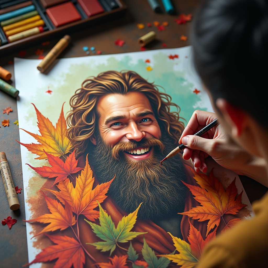 , , Pastel, drawing with dry chalk, crayons, Surreal image of a portrait of a bearded, strong 
bard being painted in an art studio.
There are scattered pastel crayons around the table, focusing on the portrait. The background features an art studio setting with various pastel art supplies.
The artist is painting with a pastel crayon, only the artists hand is visible
A detailed rich pastel drawing using negative spaces. Combining the three-third portrait of a bearded strong bard with autumn coloured hair, and bright colourful autumn leaves as decorative objects. The bard is smiling, laughing wrinkles and his eyes catch some highlights.The scene is painted with pastel, dry chalk, crayon. The dominant colours are rich autumn orange, and bright gold. Deep rich cyan is used as the counterpoint colour for highlights and effects. The composition uses multiple layers and partly covering negative spaces to create a strong artistic effect. Splitting the focus between the portrait and the ornamental object. The lighting is a play of light and darkness, vibrant highlights and shadows to create a captivating portrait