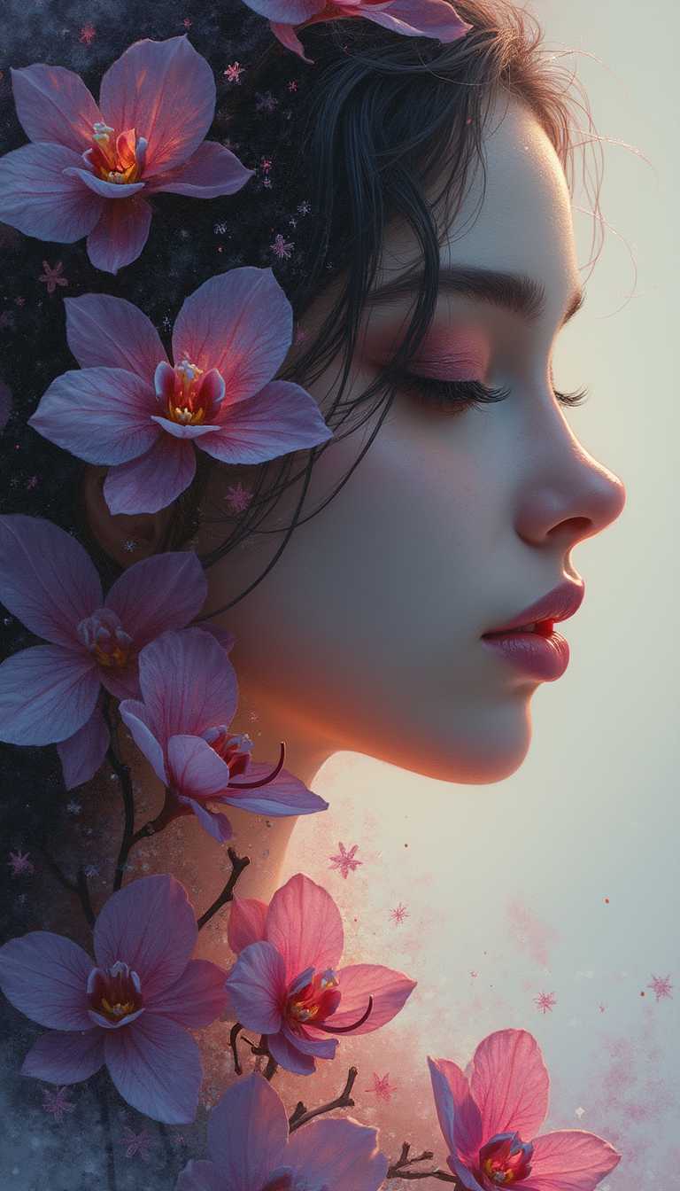 Pastel, drawing with dry chalk, crayons, Pastel, drawing with dry chalk, crayons, Cinematic style,Close-up sketch of an exquisite woman's silhouette, with a play of light and shadows to create a breathtaking portrait, leaning towards ethereal orchids that radiate an ominous luminescence, signifying a mystical bond between the flora and sinister magic, detailed in the manner of artists such as Anders Zorn, Alexi Brillo, Luisa Royo, as well as reminiscent of Studio Ghibli
