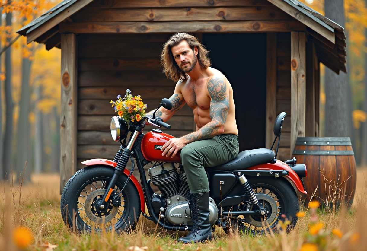 watercolor oil alcohol bold colors. a [mature]man, [long brown tousled] hair, tattoos[shirtless], tight camo pants, black boots, sitting on an old Harley in front of the porch of a tiny little cabin in the woods, feet resting on an old wine barrel in front of him, holding out a bunch of wildflowers to the viewer with an inviting look and slight smile. blurred thick trees with autumn colors bg.