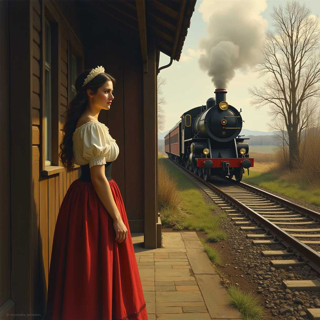a beautiful woman waiting for a train at a remote railway station, a locomotive engine, 19th century art