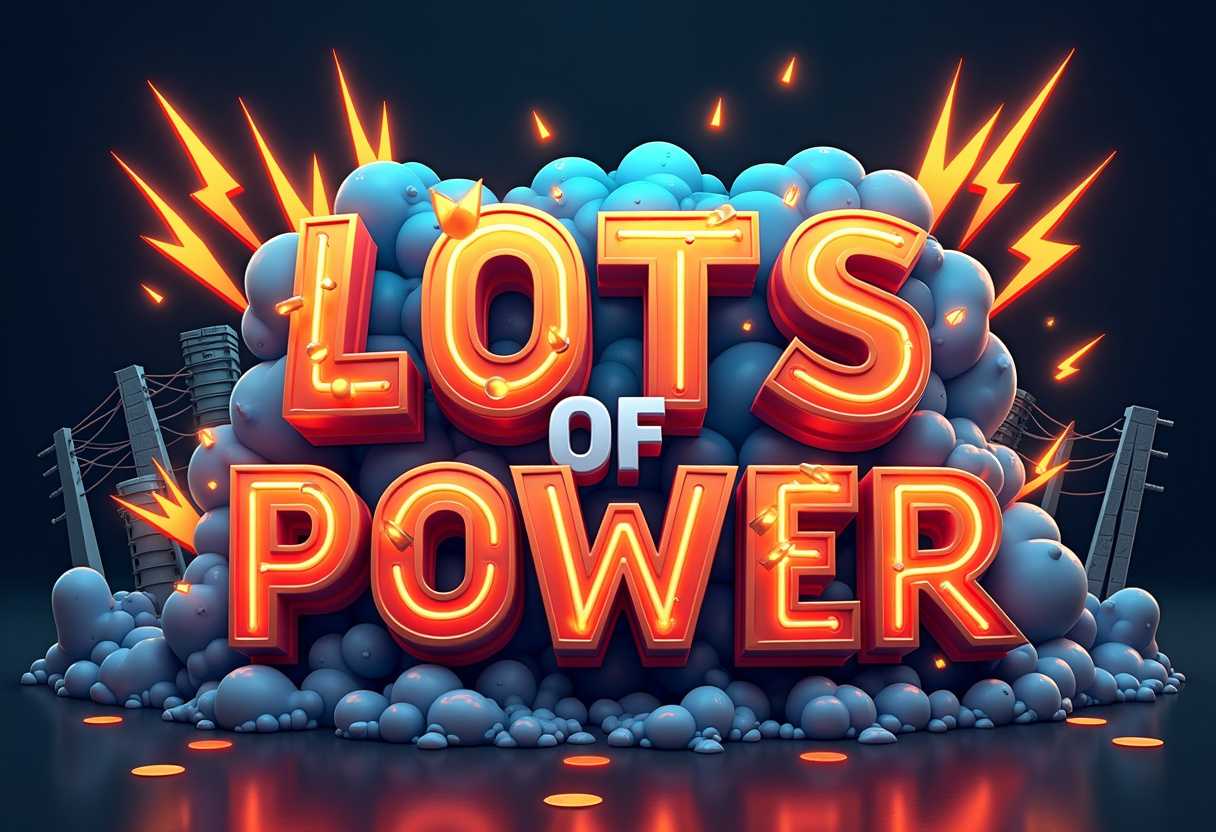 Highly detailed 3D isometric logo of "@LOTS OF POWER", bold, metallic letters with lightning bolts and energy surges surrounding the text, set against an industrial background of power lines and transformers, isolated on a black background, glowing neon elements and animated sparks, cartoon-like and dynamic, emphasizing strength and energy
