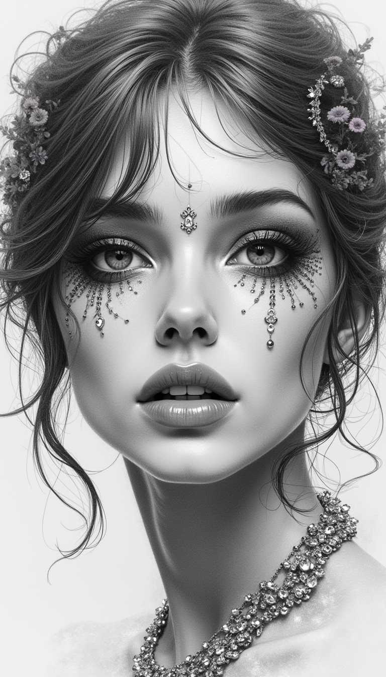 detailed, high contrast, hyper-detailed, beautifully color-coded, Hyperrealism style CNSTLL,
pencil sketch of a woman's face,futuristic woman portrait,
black and white vector art,black and white vector,symmetrical face illustration,
high contrast illustrations,beauty woman with detailed faces,tristan eaton's wallpaper,
psychedelic art nouveau,art nouveau tarot style,detailed feminine face,mcbess poster,
highly detailed vector art,visionary art style, high-resolution, depth of field, cinematic lighting, narrative moments . Ultra-realistic images, even more detailed than photography, by artists like Chuck Close, emphasis on texture and minute detail insane details, intricate details, beautifully color graded,  insanely detailed and intricate, hypermaximalist, elegant, hyper realistic, super detailed, realistic, sharp focus, artistic, professional, classic, dramatic lighting, fine details, depth of field, expressive, timeless