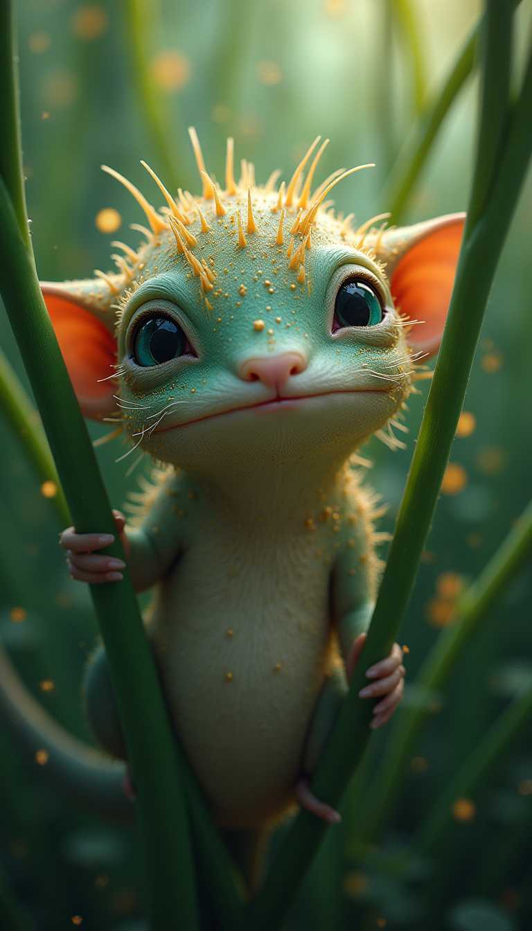 Cinematic style, realism, cinematic quality, Full-body portrait of a whimsical botanical creature embodying starlight dust, peering out from behind slender foliage, inspired by the intricate crosshatching of Gustave Dore and the luminous painting technique of Donato Giancola, showcasing extreme detail, evoking an aura of cuteness overload, artistic masterpiece in the realm of digital painting., Art by Ayami Kojima, Hiroaki, aesthetic Marika Kohno, Toru Asakura. manga style+. Studio Ghibli Genshin Impact