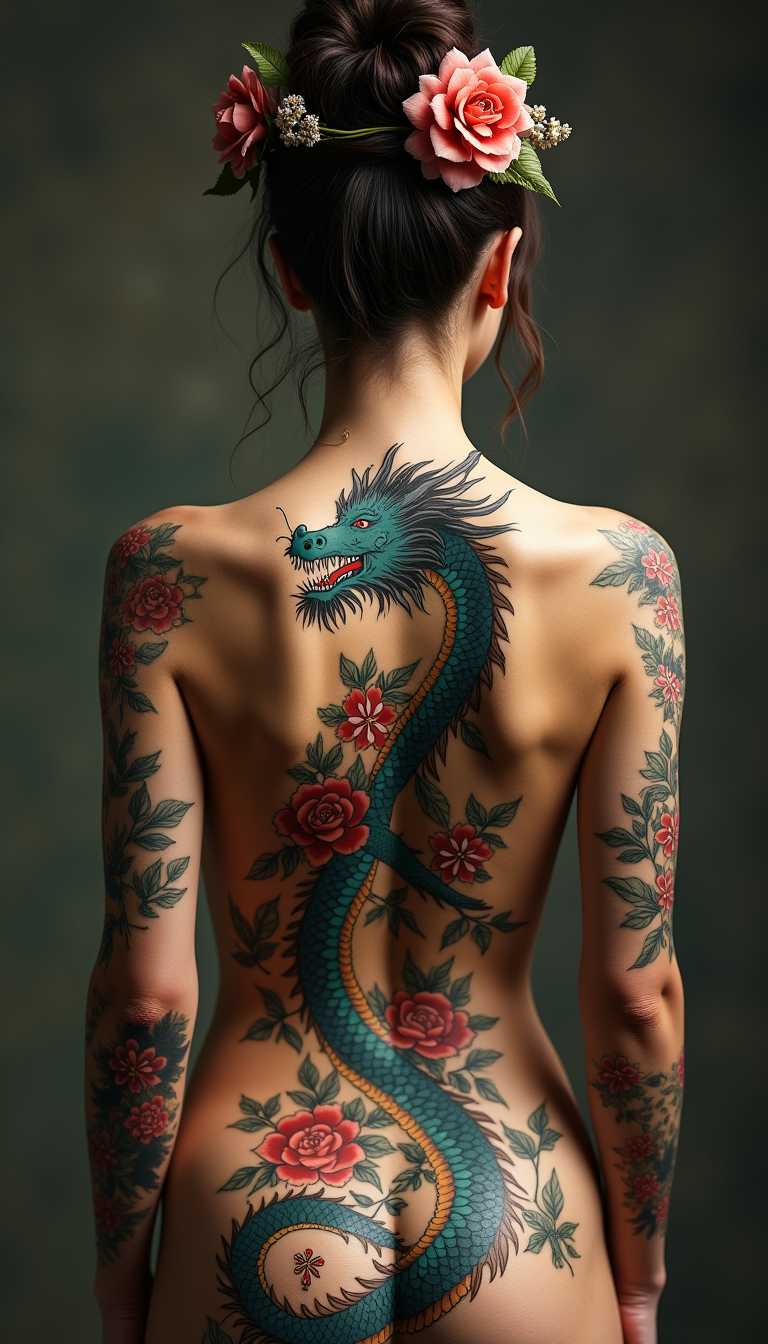 Cinematic style, realism, cinematic quality, 
masterpiece, Girl standing with her back, back tattoo, Dragon Flowers, Body Art - Dragon and Flowers