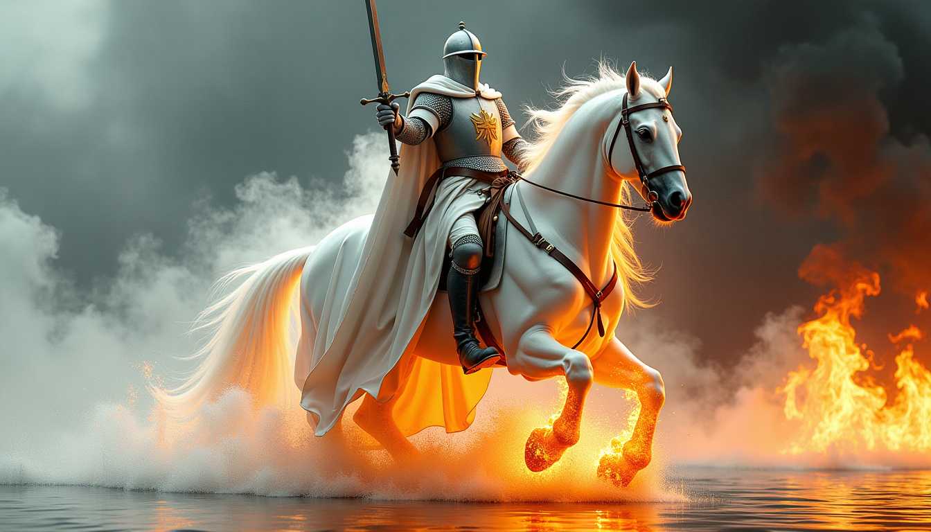 a realistic knight wearing a white robe with a large train from the Crusades, with a shield bearing a coat of arms. He holds a sword in one hand that looks like glowing lava and sits on an imposing horse. The knight is made entirely of white smoke and is ethereal, while the horse is made of bright flames. The transitions from fire to smoke are almost seamless. The knight rides, and through the wind, he pulls a column of smoke and fire behind him that swirls. He rides through water, which adds to the impressive effect.