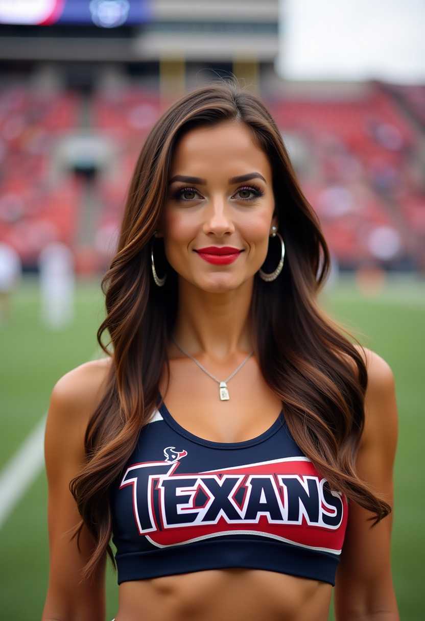 an American woman, facing camera, dressed in Houston Texans cheerleader outfit long brown hair, hoop earrings, small necklace, and red lipstick in the Houston Texans stadium standing in the middle of the football field.
