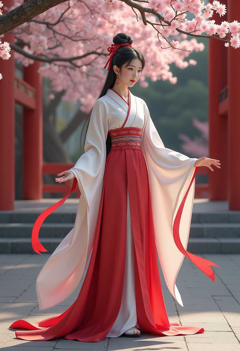 a beautiful Japanese woman in long flowing robes with ribbons that end as dragon's, stands on the steps of a temple with cherry blossom hyper realistic 3D UHD