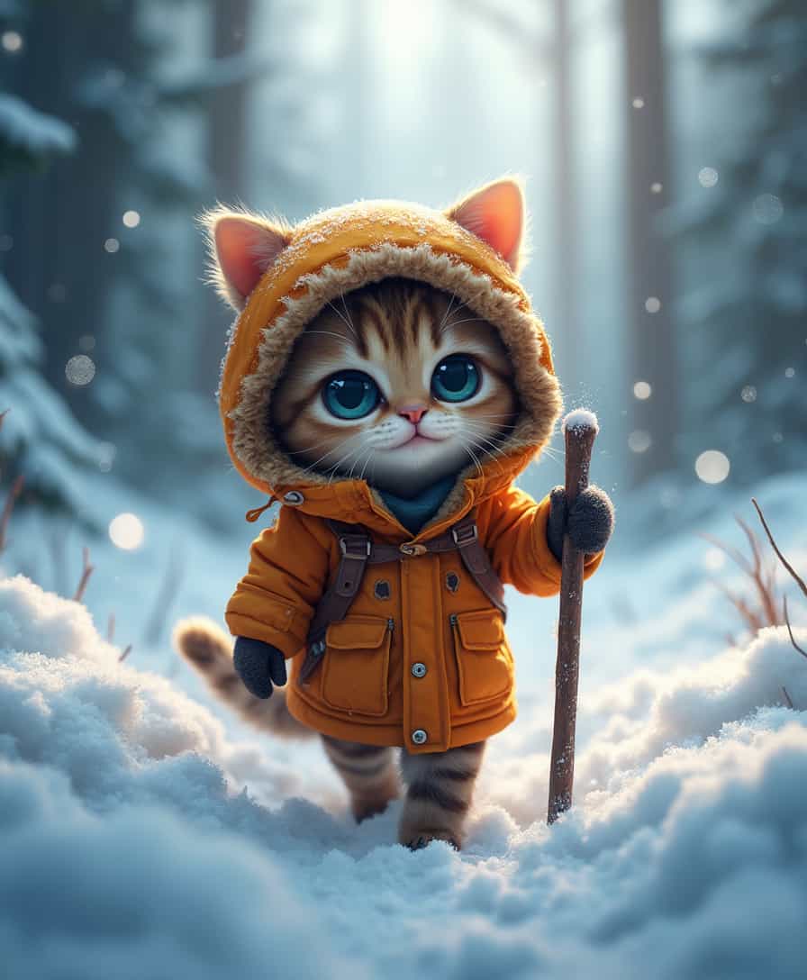 Close up, 8k, hdr, rgb, portrait, shadow art, A Cute Chibi cat wearing an orange survival gear coat walking in deep snow, blue eyes, walking stick, winter color tone, dense snowfall, pine trees forest background, depth of field, high contrast, extremely detailed, The interplay of light and shadow through this flowing effect and volume creates a mesmerizing, beautifully creative gothic music. Giovanni Boldini, Bastien Lecouf-Degarme, Carn Griffiths, E. Abramzon, Raphael, Caravaggio, Coby Whitmore, Titian, Leonardo da Vinci, perfect composition, beautiful detailed intricate insanely detailed octane render trending on artstation, 8 k artistic photography, photorealistic concept art, soft natural volumetric cinematic perfect light, chiaroscuro, award - winning photograph, masterpiece, oil on canvas, raphael, caravaggio,