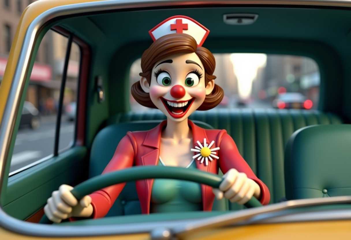 3d cartoon female figure, looking directly at the viewer, dressed in a nurse's uniform with a lowcut neckline and a flower lapel pin. The character is wearing exaggerated facial features reminiscent of a clown, including a large red nose, white face makeup with green around the eyes, and a wide, toothy grin. , in a cadillac driving through Times Square