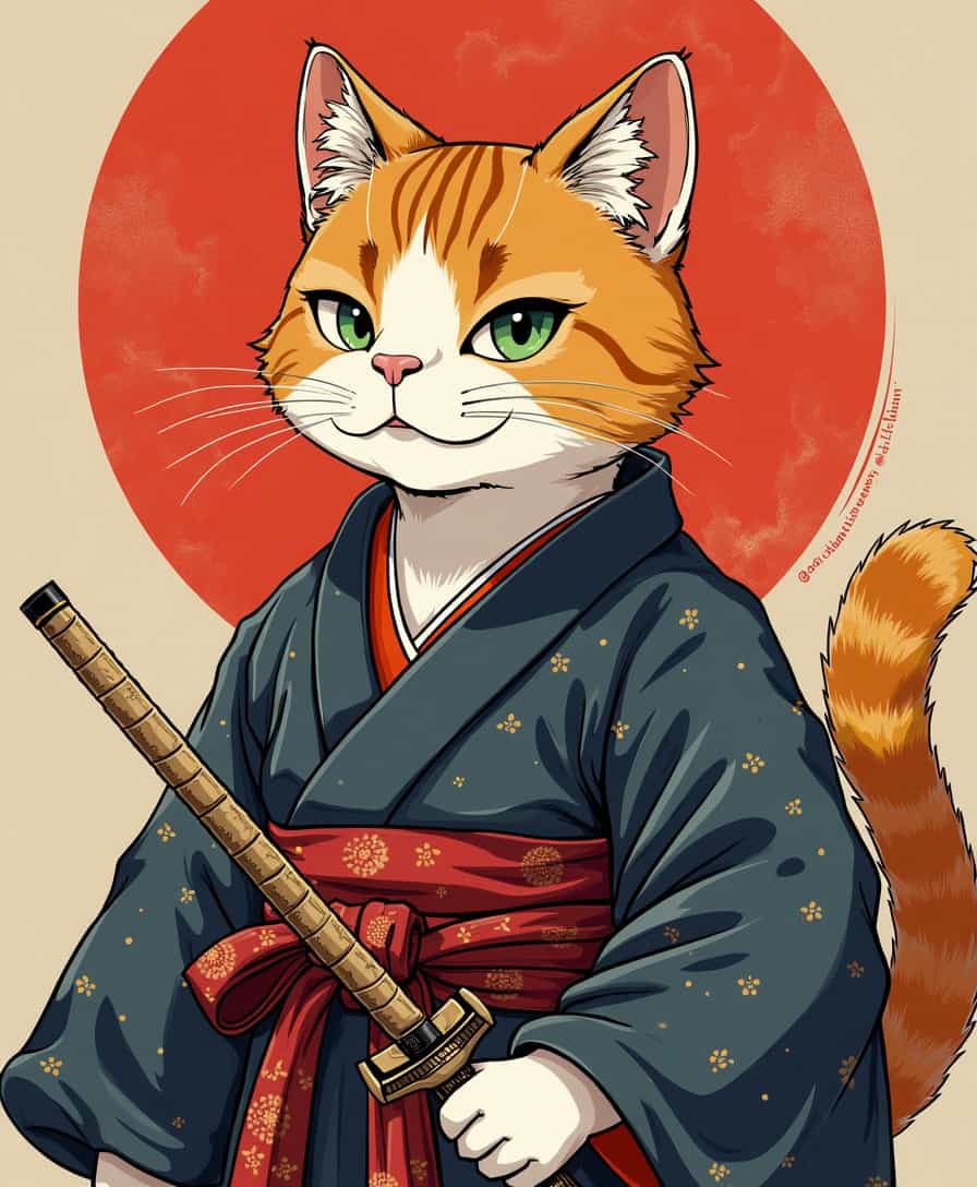 there is a cat that is dressed in a kimono, samurai cat, by Kanō Tan'yū, japanese clothes, clothed in old samurai uniform, anthropomorphic cat ninja, by Shiba Kōkan, imari, neko, samurai outfit, in kimono, wearing aristocrat robe, in a kimono, kimono, japanese mascot