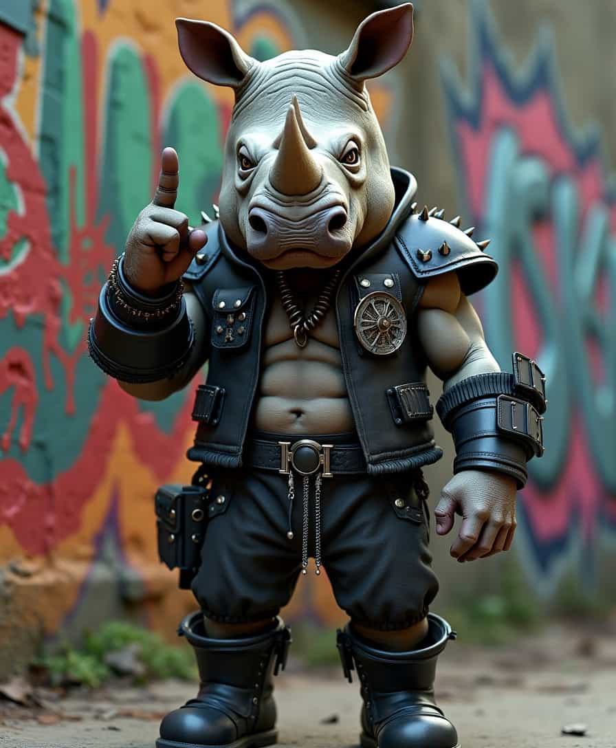 A 3D representation of an extremely detailed and hyperrealistic fantasy scene of an anthropomorphic rhinoceros in black punk clothing with armored boots. The punk clothing has spikes and rivets and many other details. the punk rhinoceros is standing in front of a graffiti wall. The rhinoceros looks aggressive, its eyes are expressive. With its right hand it shows a stinky finger. Whole body visible standing on two legs.