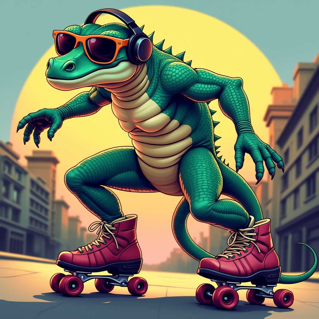 Create a striking vector art, featuring an anthropomorphic reptile, the reptile is a cool dude, a whimsical fella, he dons fashionable sunglasses, wears wireless headphones, he is rendered in beautifully textured scales, he is captured in a profile shot, wearing roller blades, skating down an urban background. This art is sharp detailed and full of Attitude., illustration, 3d render, vibrant
