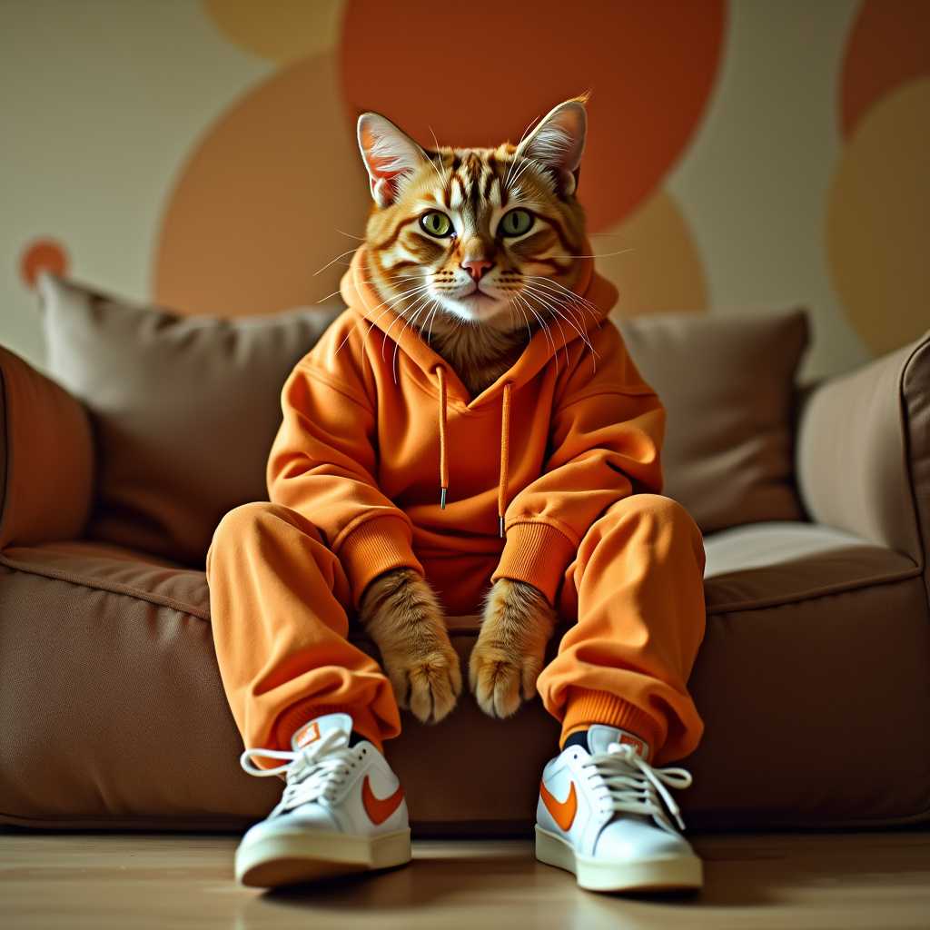 A captivating cinematic portrait of an anthropomorphic orange cat, exuding confidence and charm as it lounges indoors. The cat is styled in a fashionable orange hoodie and Nike sneakers, striking a casual pose that accentuates its footwear. The warm-toned background features abstract shapes and a sense of depth, creating an immersive and slightly surreal atmosphere. The overall mood of this stunning photograph is playful, stylish, and bold, capturing the essence of feline grace and attitude., portrait photography, photo, cinematic
