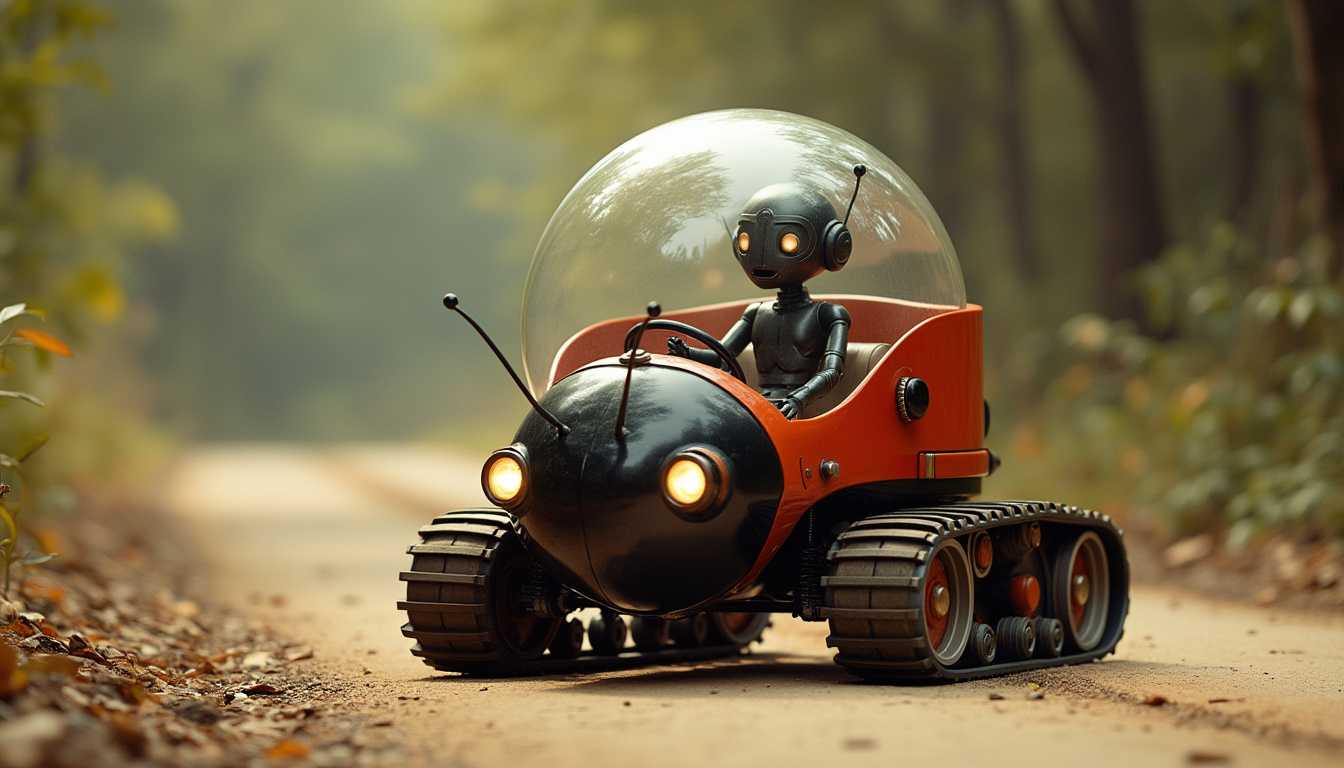 A captivating and innovative photograph of a vintage mechanical anthropomorphic ladybug-inspired vehicle. The driver, or ant, is seated in a transparent Plexiglas bubble, acting as the anthropomorphic ladybug shell, providing a panoramic view of the surrounding environment. The anthropomorphic ladybug body is fitted with caterpillar tracks, enabling it to traverse various terrains with ease. The anthropomorphic ladybug eyes function as headlights, casting a warm, inviting glow on the road ahead. The futuristic and playful atmosphere of the image transports the viewer into a realm of imaginative transportation possibilities, igniting a sense of adventure and exploration.