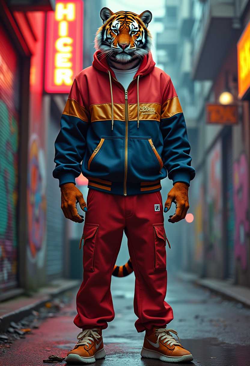 A cinematic medium shot of an anthropomorphic male tiger wearing a sleek, stylish tracksuit. The vibrant colors of his outfit—bold reds and deep blues with gold accents—contrast against his orange and black striped fur. He stands tall and exudes confidence. The background is a vibrant urban setting with graffiti-covered walls and neon signs. The artist's initials "PJ" are signed at the bottom in small letters.