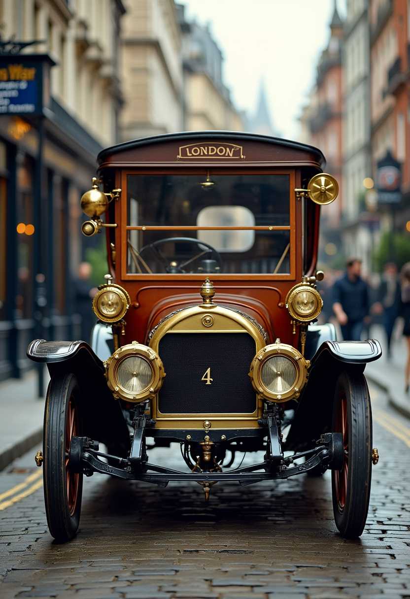 An extremely detailed and super realistic steampunk vintage car T 4 model, modified with steampunk-inspired gadgets made of many small parts made of copper, silver and brass, driving through the cobblestone streets of Victorian London