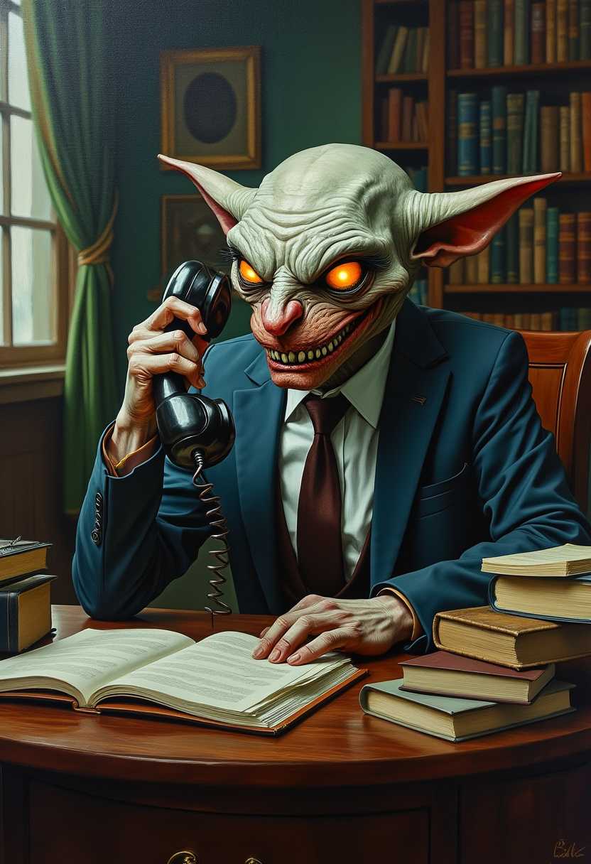 A mesmerizing oil painting depicting an eerie anthropomorphic telephone as a sly scammer. The phone has intricate, sinister features, with a sinister grin and glowing, manipulative eyes. It is seated on a library desk overflowing with books and papers, with a dimly lit, mysterious atmosphere. The artist, Sozdatel, has captured the essence of the mischievous scammer in this captivating and thought-provoking piece.