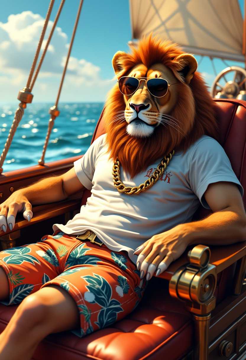 A hyper-realistic digital painting of an anthropomorphic lion lounging on the deck of a luxurious steampunk yacht. The lion is dressed casually in a fitted graphic t-shirt and vibrant Bermuda shorts adorned with tropical patterns. His thick, copper-streaked mane flows gently in the breeze, while fashionable brass-framed sunglasses rest on his face, reflecting the sparkling ocean. Around his neck, a thick, gleaming gold chain adds a touch of opulence to his laid-back outfit. Reclined on a plush leather chaise, he soaks up the sun with a relaxed, confident smile, his paws casually draped over the armrests. The yacht's deck is crafted from polished wood and brass accents, with gears and copper pipes humming softly, powering the steampunk vessel through the calm waters. In the background, the yacht's sails, threaded with metallic designs, flutter gently in the breeze, completing the scene of effortless luxury and summer leisure