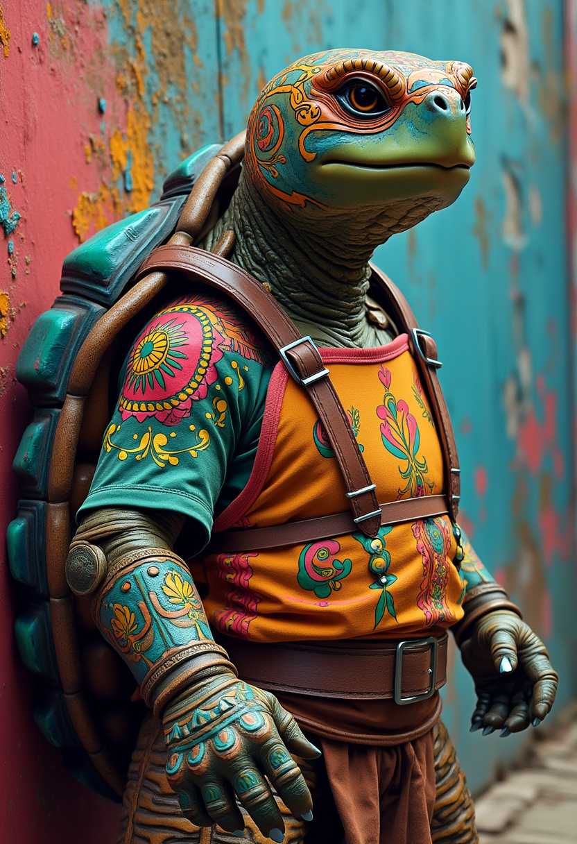 A stunning close-up of an anthropomorphic turtle humanoid with a vibrant and intricate Mexican folk art design on its colorful back. The turtle, adorned with a multicolored t-shirt, exudes a warrior-like presence. The detailed and vivid illustration showcases the turtle's shell, blending elements of fashion, and painting. The masterpiece is a vivid testament to the artistic prowess of Roberto Bernardi., architecture, painting, illustration, vibrant, fashion